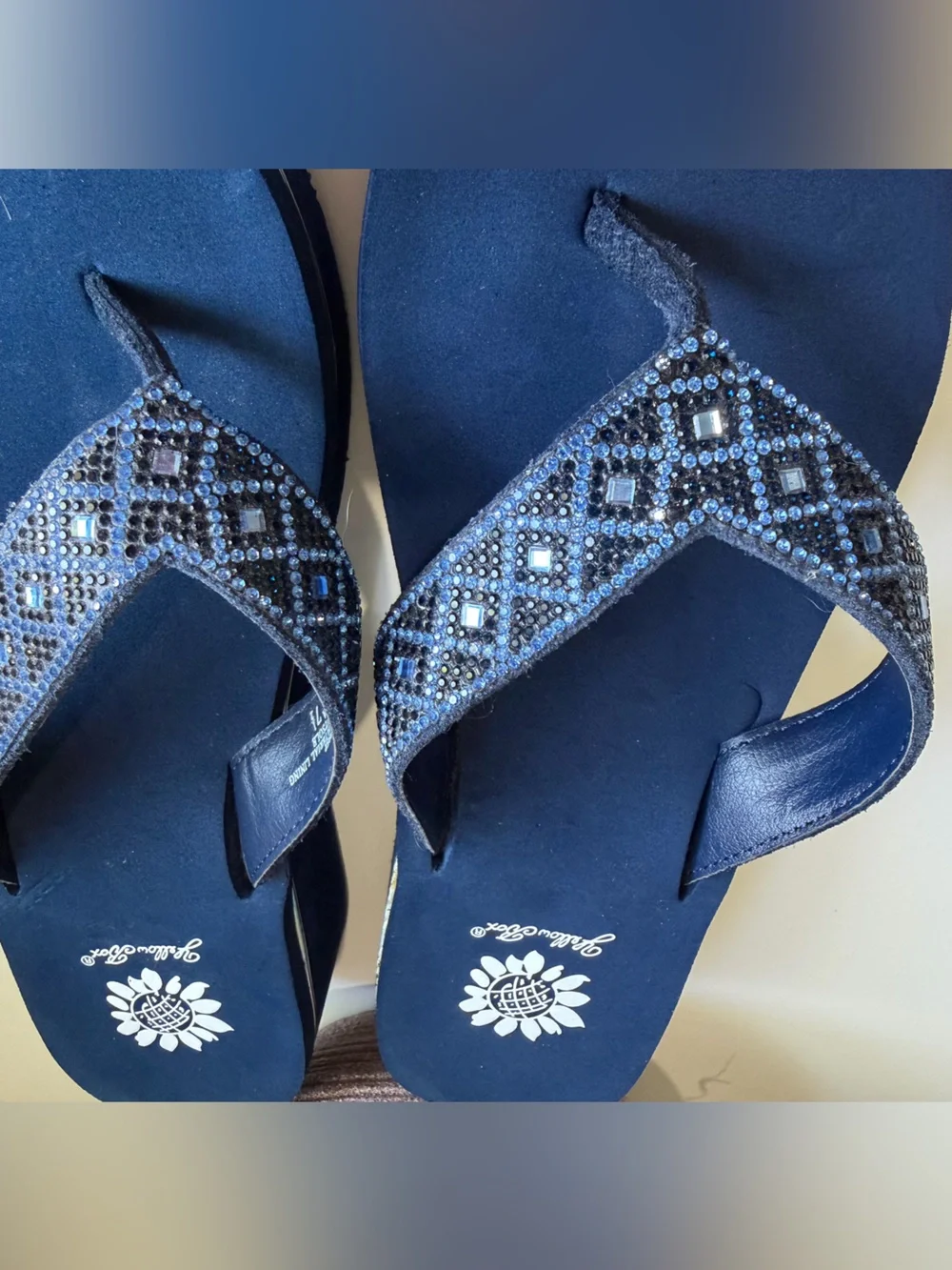 Yellow Box Achillas Navy Blue Rhinestone Wedge Platform Sandals Sz 7.5 - Picture 9 of 14